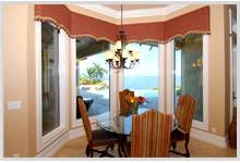 Dining room with a bay window view